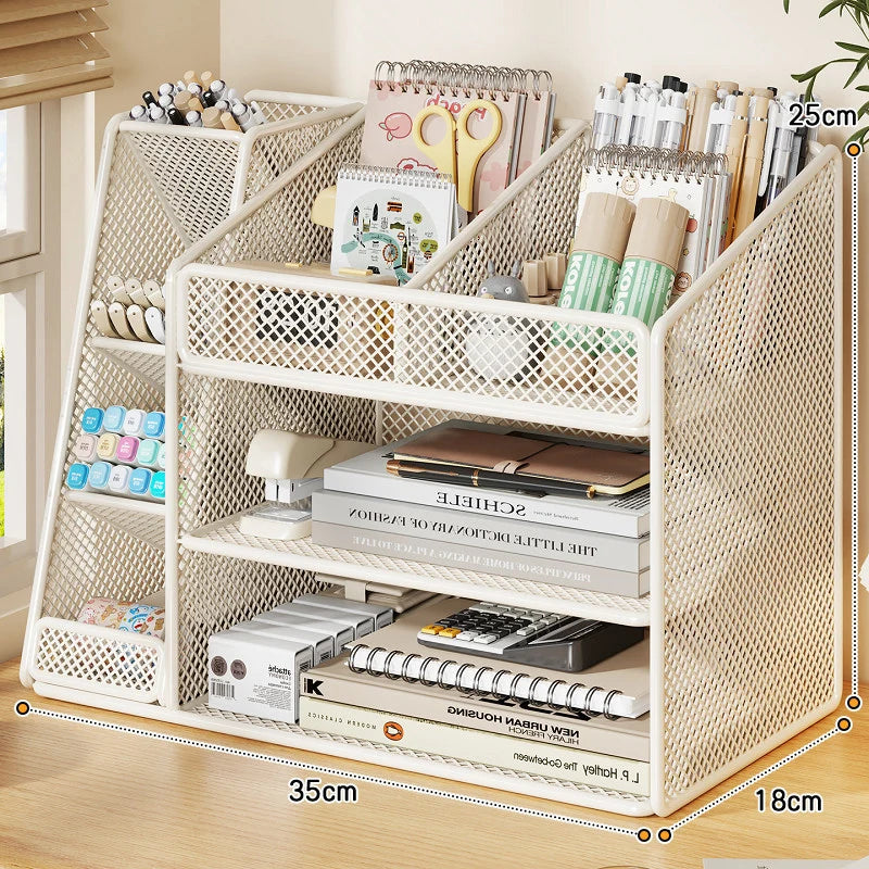 Desk Organizer Metal Mesh Three Angled Compartments Two Shelves non-slip Base