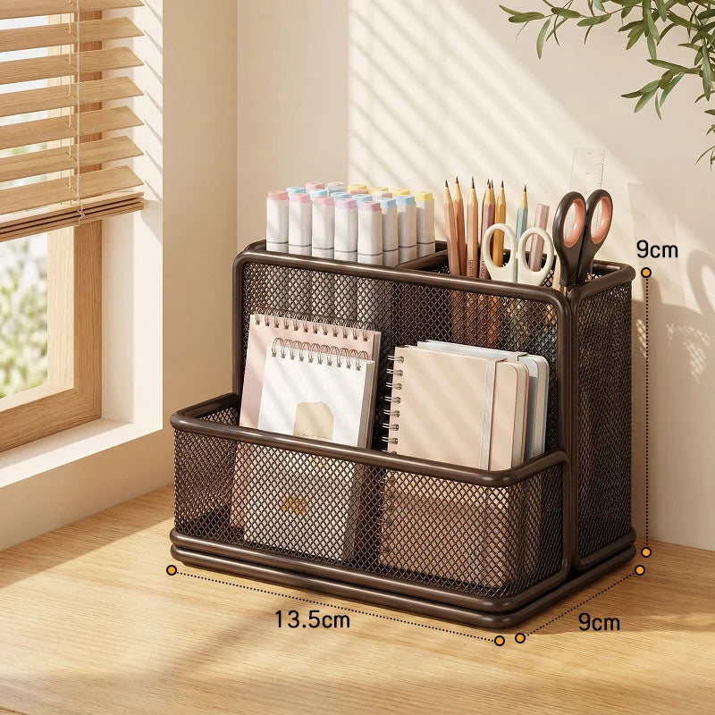 Desk Organizer Metal Mesh Three Angled Compartments Two Shelves non-slip Base