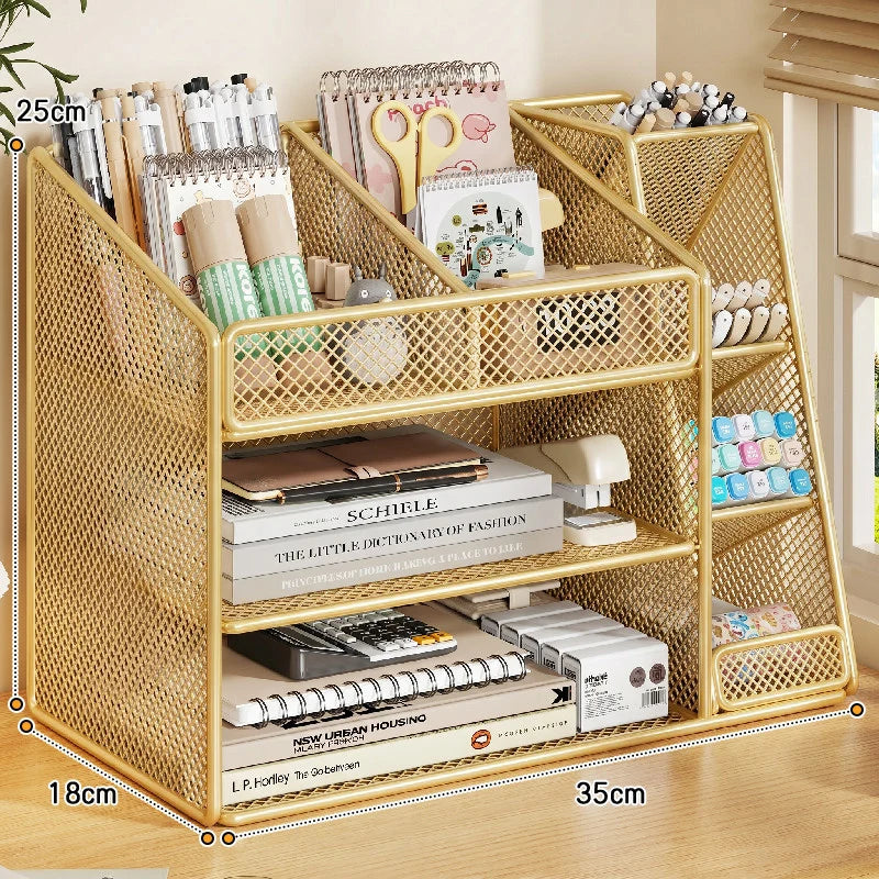 Desk Organizer Metal Mesh Three Angled Compartments Two Shelves non-slip Base
