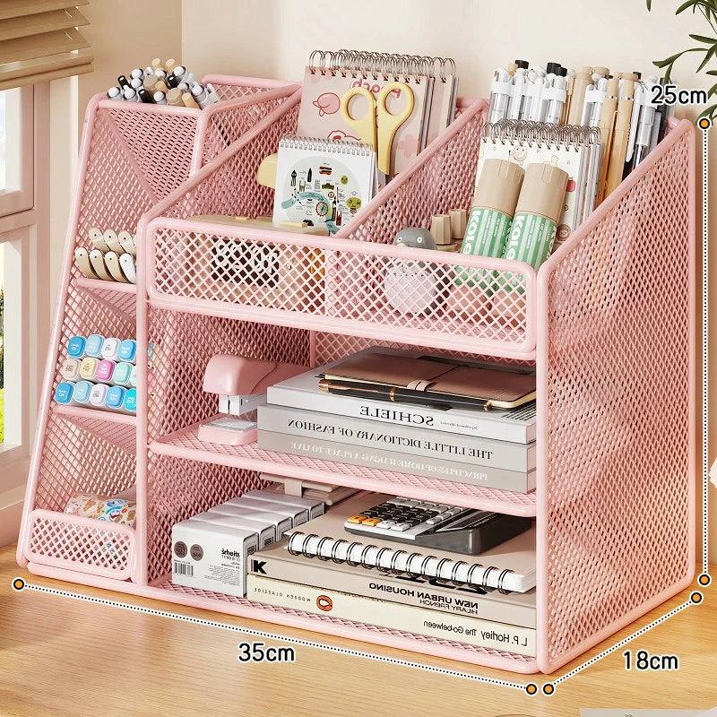 Desk Organizer Metal Mesh Three Angled Compartments Two Shelves non-slip Base