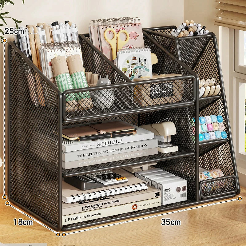 Desk Organizer Metal Mesh Three Angled Compartments Two Shelves non-slip Base