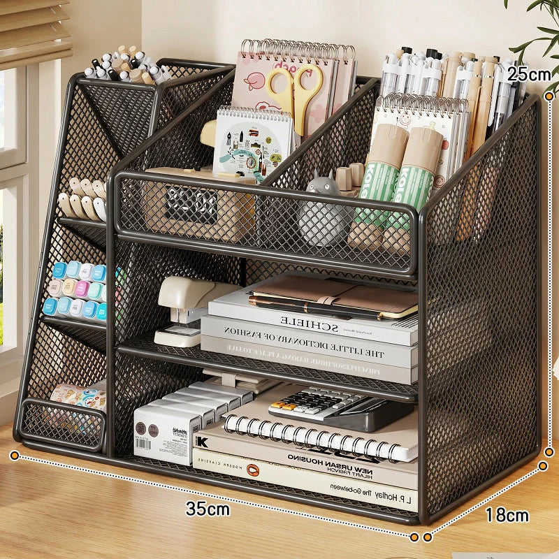Desk Organizer Metal Mesh Three Angled Compartments Two Shelves non-slip Base