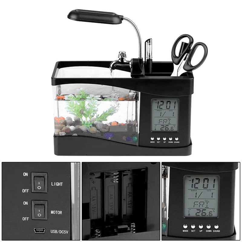 Desktop Aquarium LCD Clock & Colorful LED Lighting