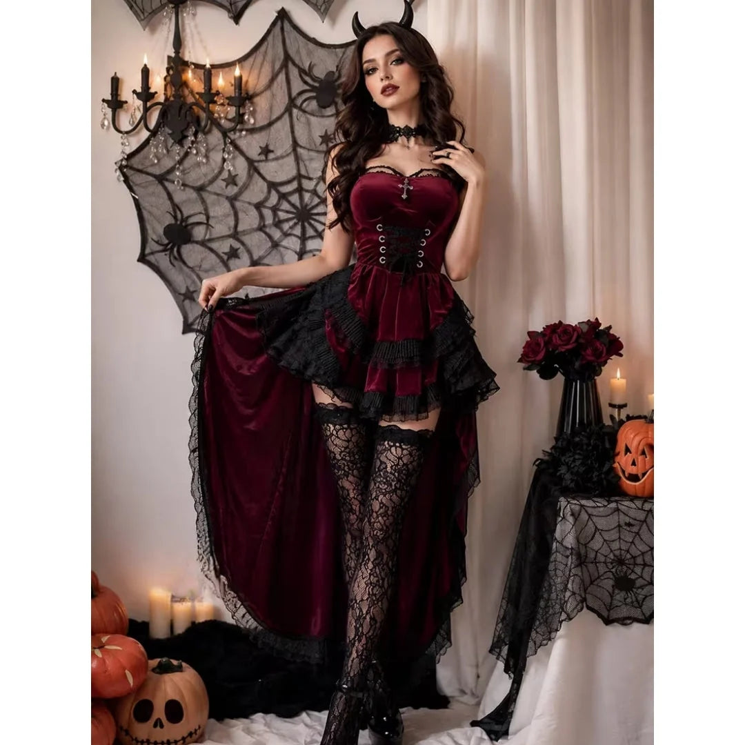 Devil Costume Gothic Lace Layered Skirt 4-Piece Set