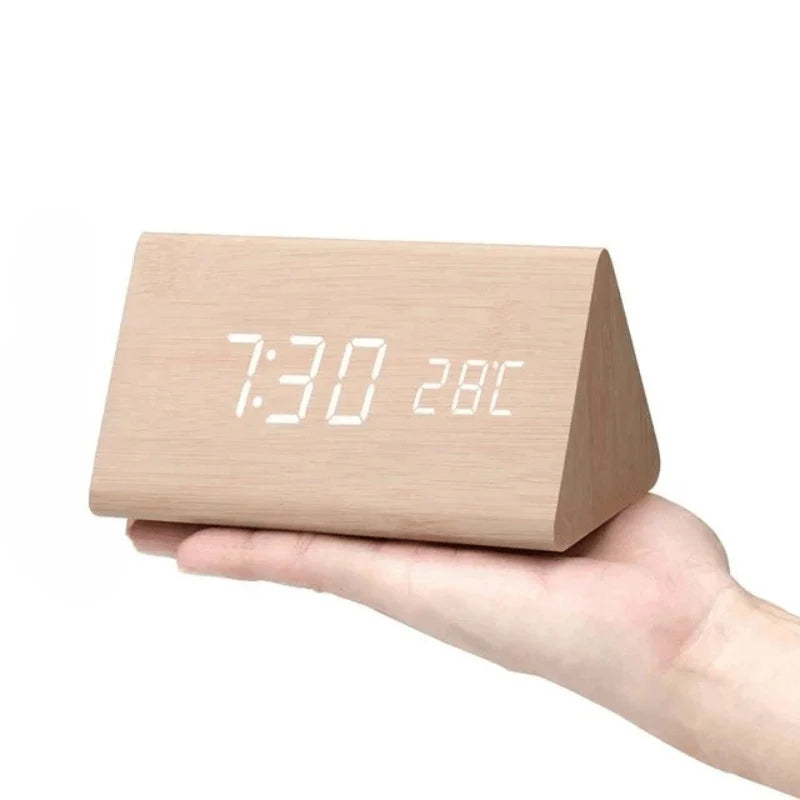 Digital Alarm Clock Wood-Look Voice-Activated Dimmable LED
