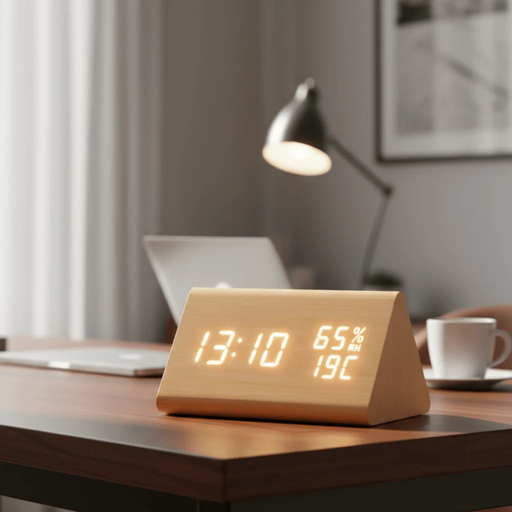 Digital Clock Wood-Look LED Time & Temperature Adjustable Brightness