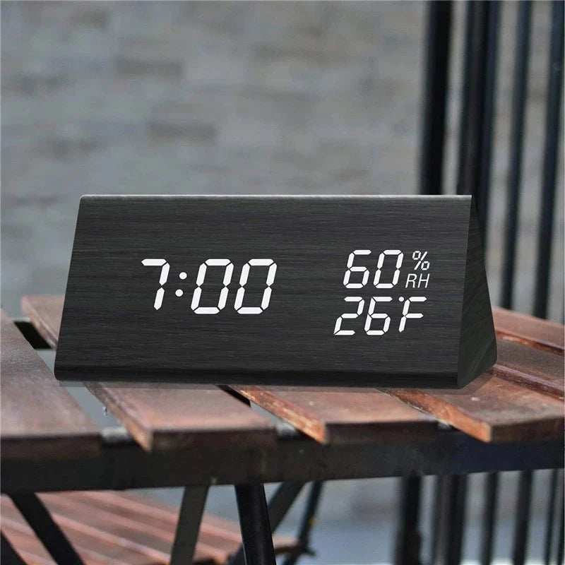 Digital Clock Wood-Look LED Time & Temperature Adjustable Brightness