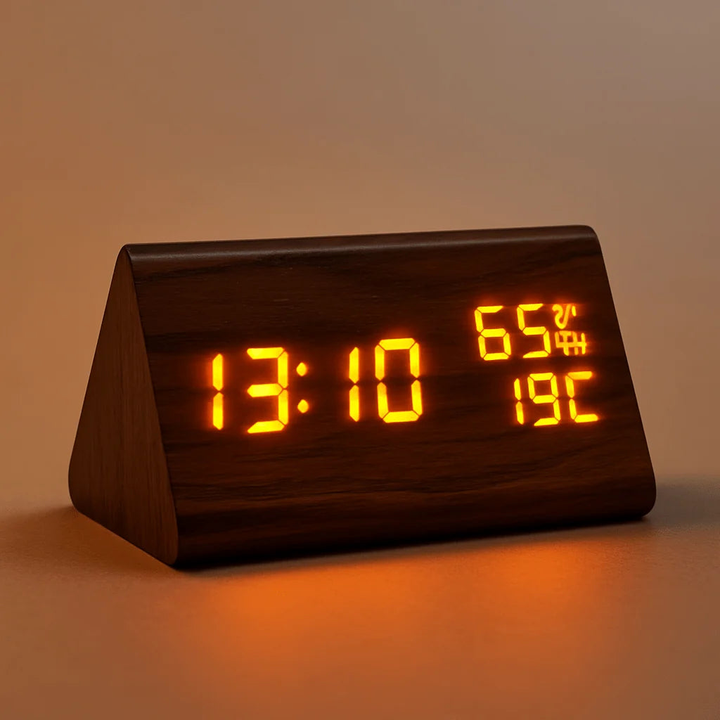 Digital Clock Wood-Look LED Time & Temperature Adjustable Brightness