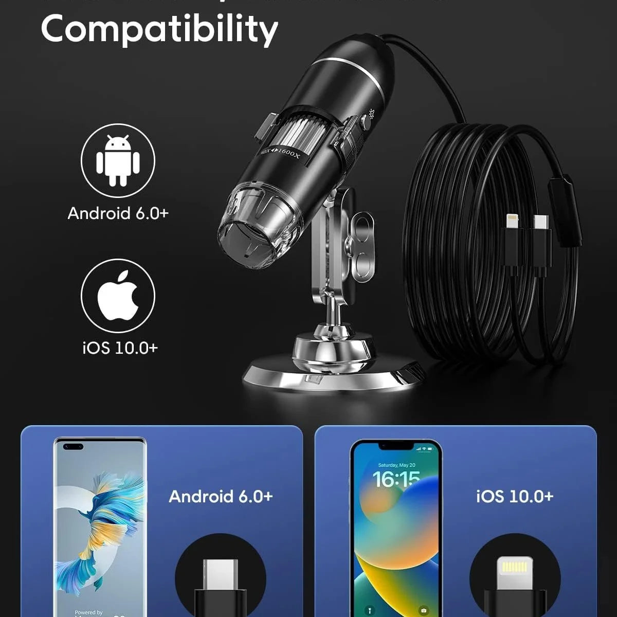 Digital Microscope 1600x USB-Powered Live Viewing