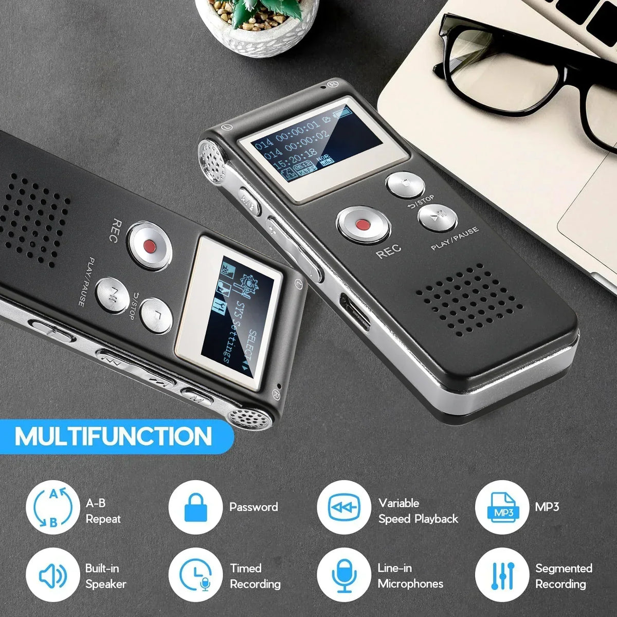 Digital Voice Recorder Voice-Activated WAV Recording Built-In Storage