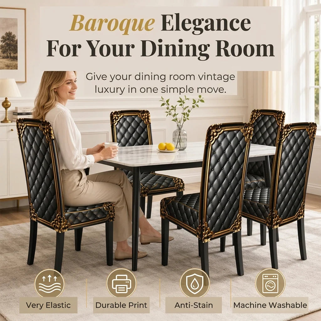 Dining Chair Covers Stretch Fit Washable Baroque Print Gold Accents