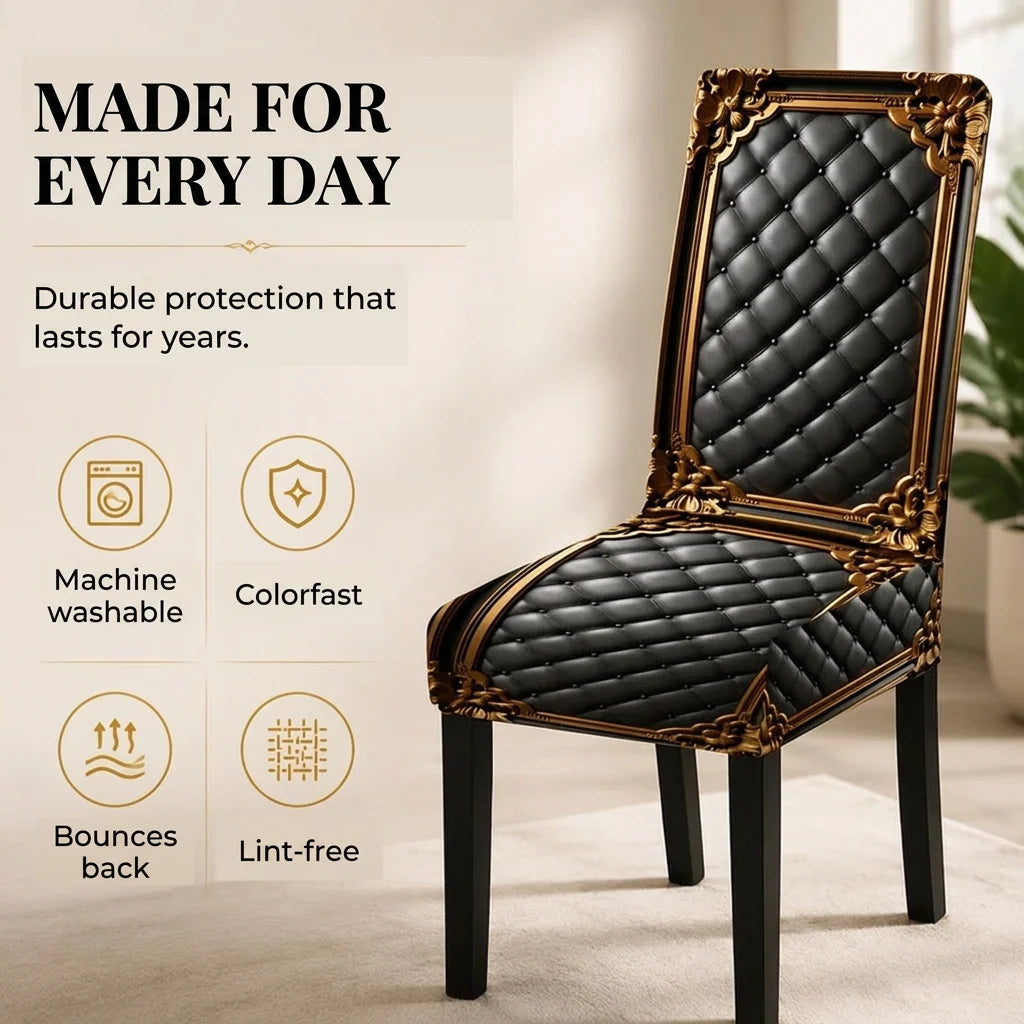 Dining Chair Covers Stretch Fit Washable Baroque Print Gold Accents