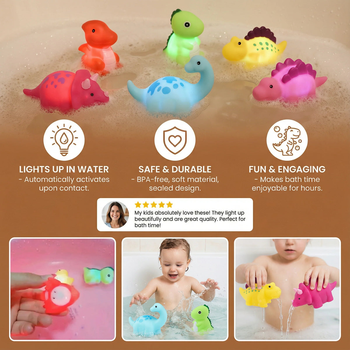 Dinosaur Bath Toy Color-Changing LED Waterproof BPA-Free