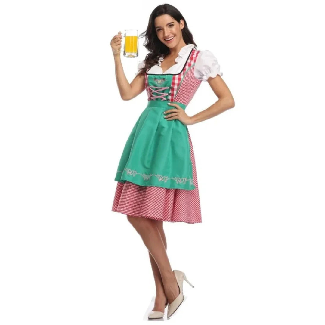 Dirndl Dress Lace-Up Bodice With Apron & Puff Sleeves