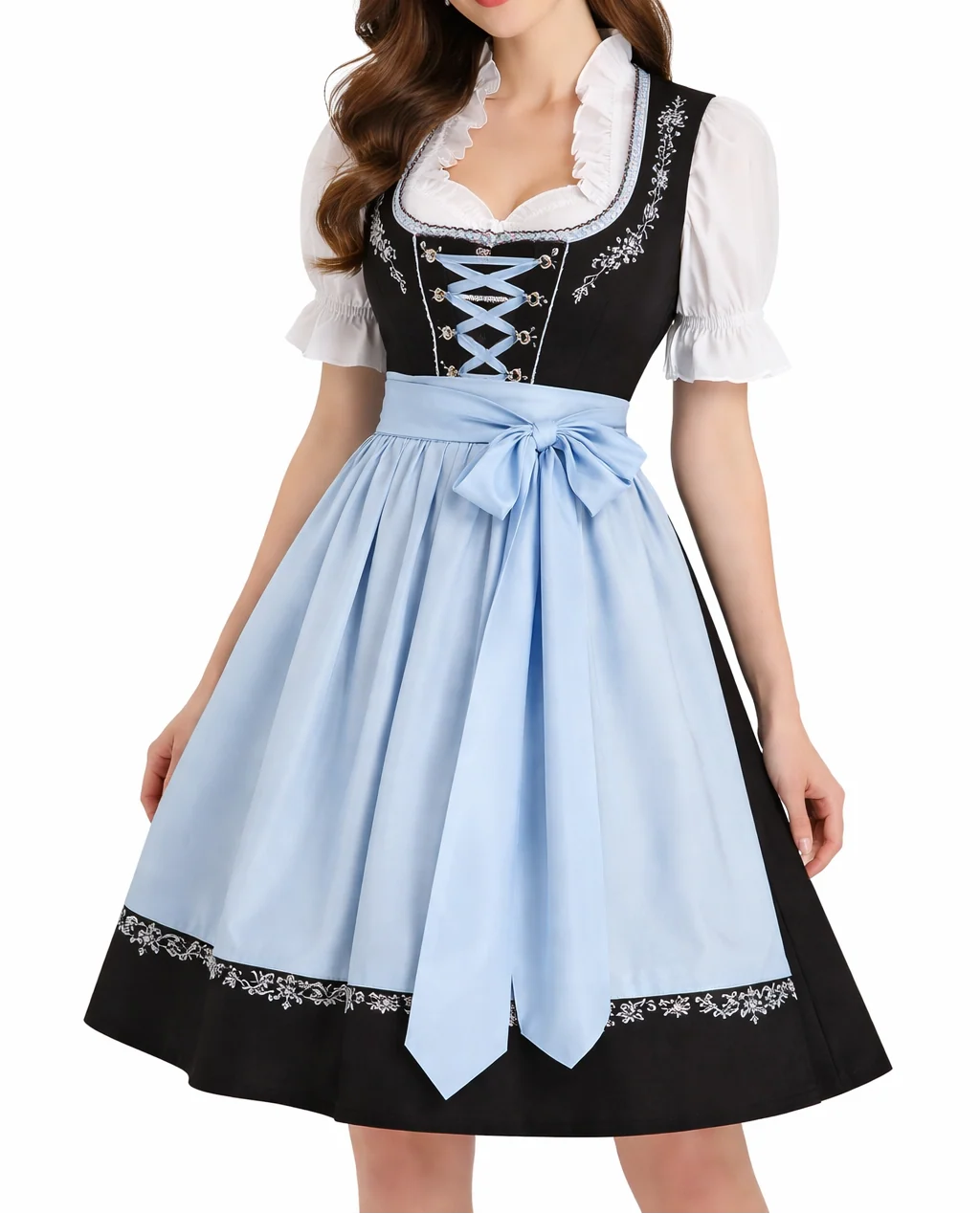 Dirndl Dress Set Three-Piece with Blouse and Apron Front Lace-Up Bodice