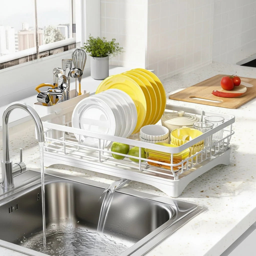 Dish Drying Rack Coated Metal Integrated Cutlery Holder Compact Design