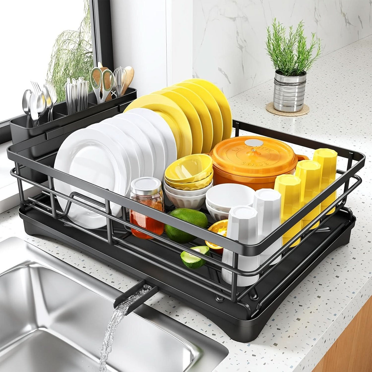 Dish Drying Rack Coated Metal Integrated Cutlery Holder Compact Design