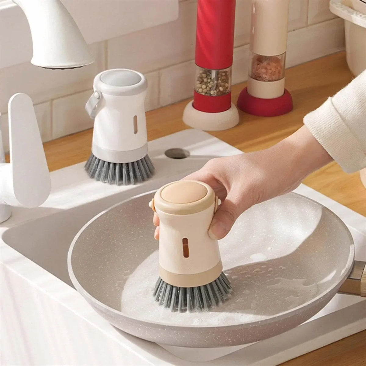 Dishwashing Brush Built-In Soap Dispenser Ergonomic Handle Hanging Storage