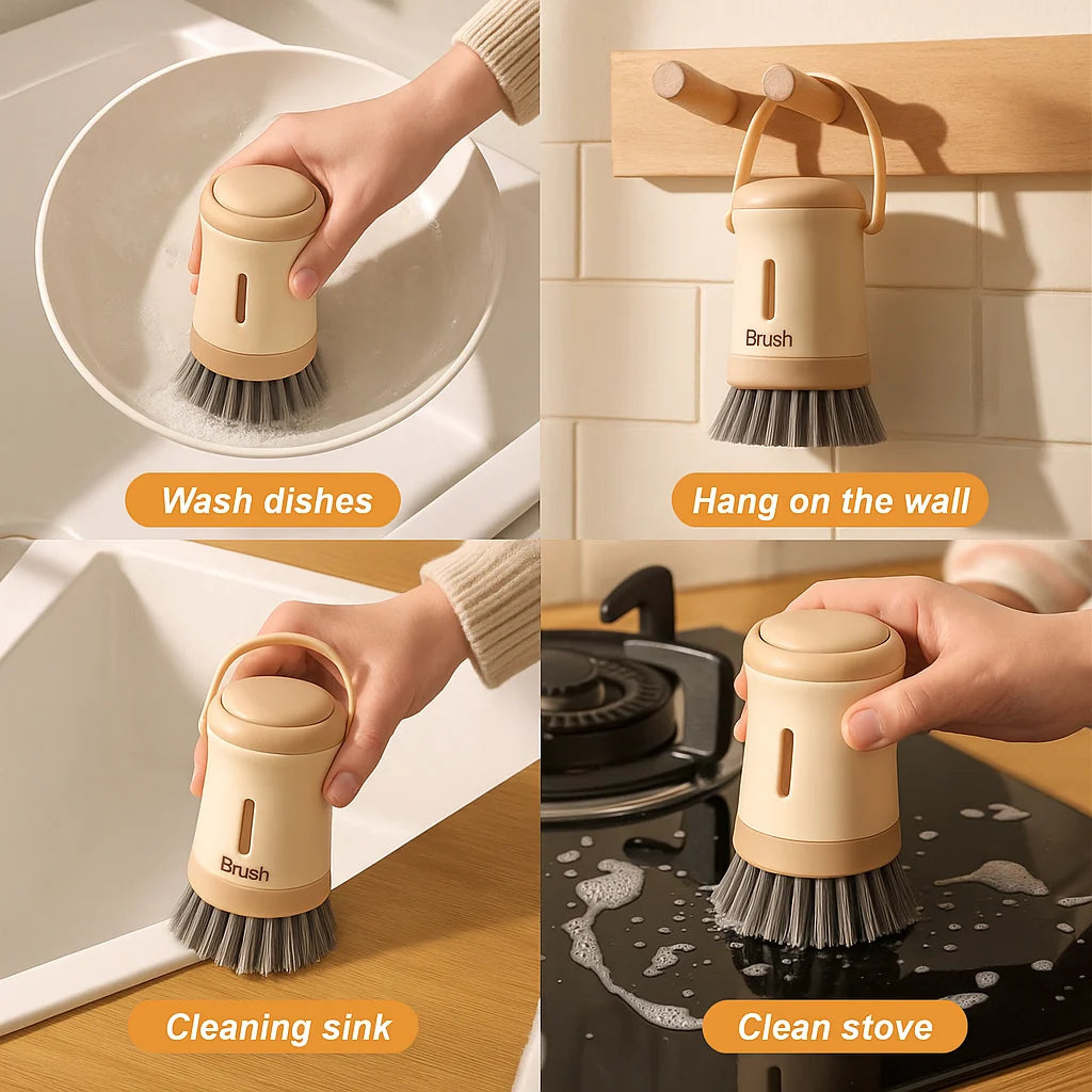 Dishwashing Brush Built-In Soap Dispenser Ergonomic Handle Hanging Storage