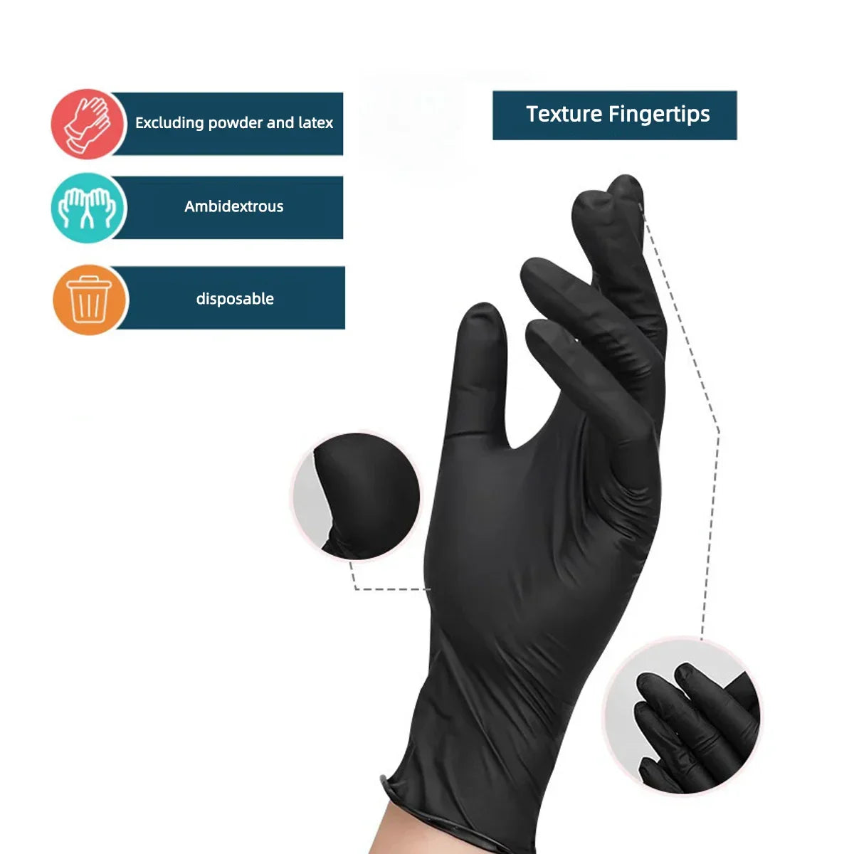 Disposable Gloves Matte Black Textured Grip Powder-Free