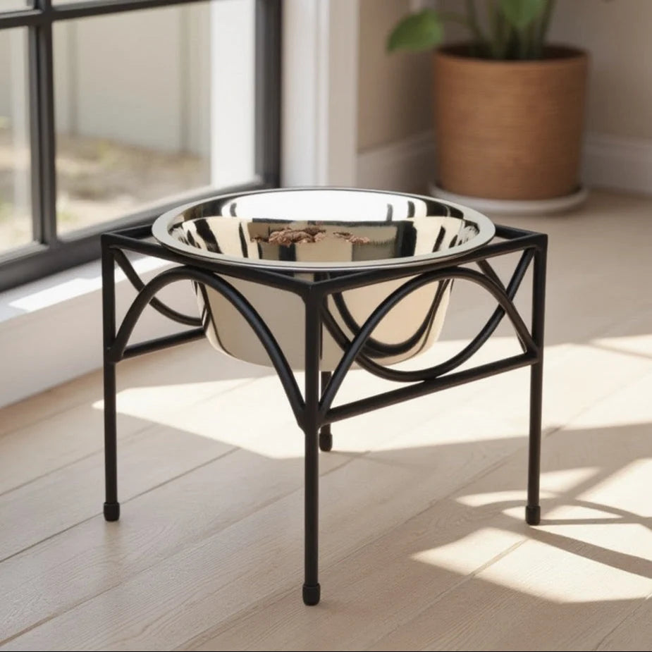 Dog Bowl Set Elevated Wrought Iron Stand Stainless Steel Bowl