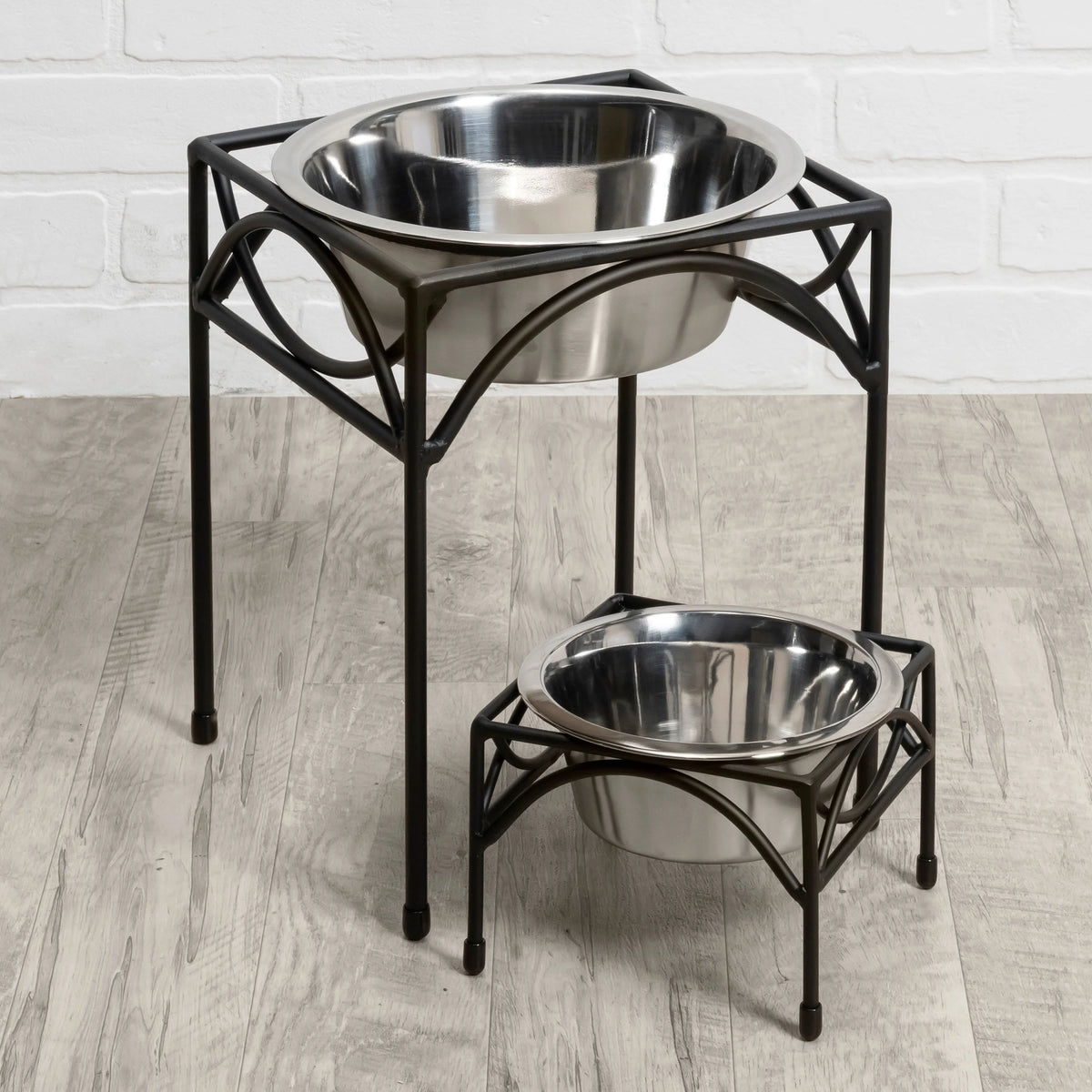 Dog Bowl Set Elevated Wrought Iron Stand Stainless Steel Bowl