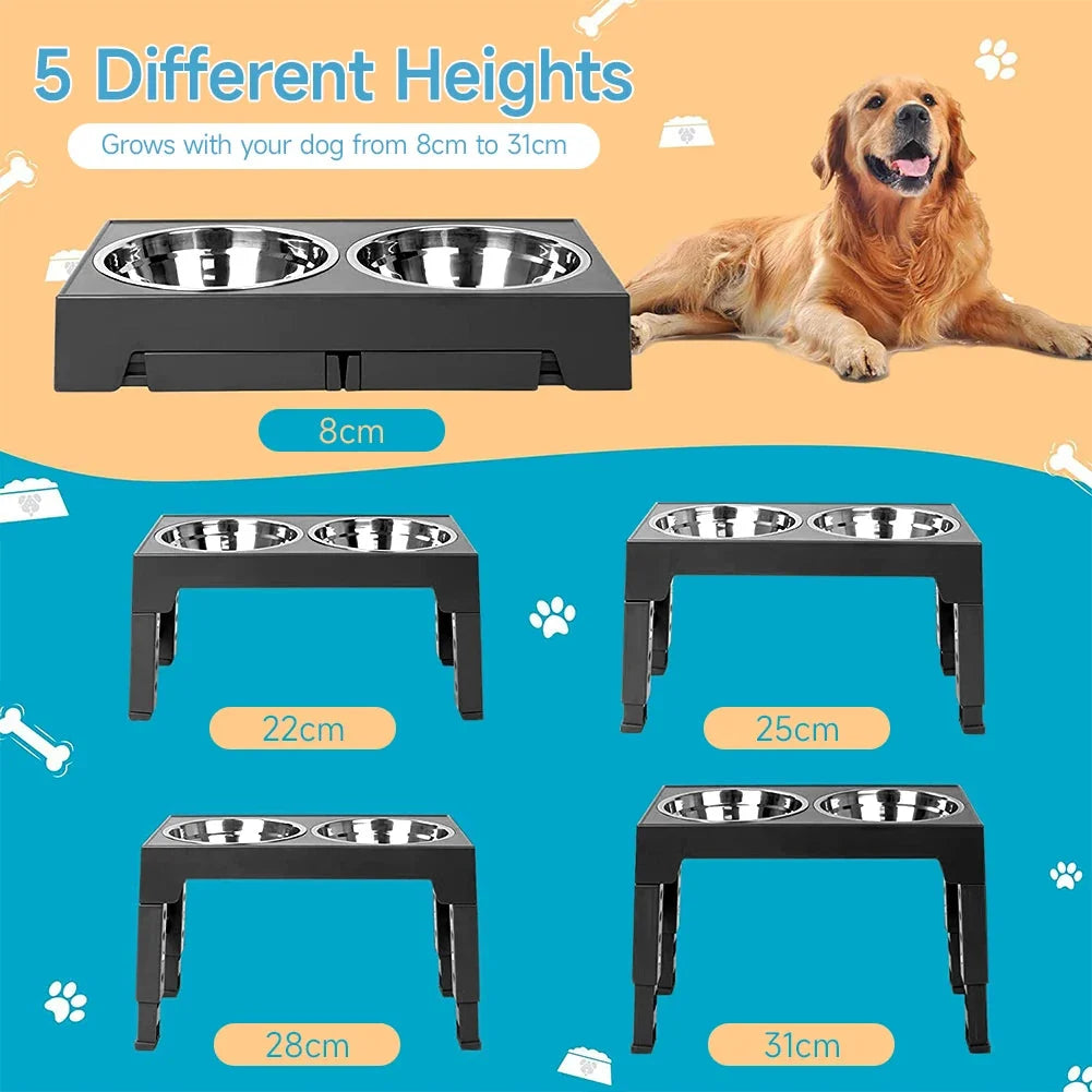 Dog Bowl Stand Adjustable Height Angled Stainless Steel Bowls