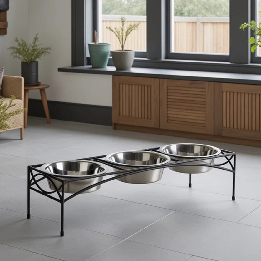 Dog Bowl Stand Elevated Triple Stainless Steel Bowls