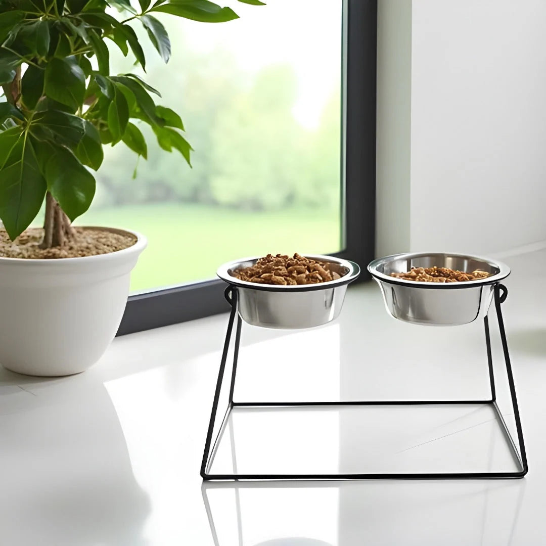 Dog Feeder Elevated Adjustable Height Stainless Steel Double Bowls