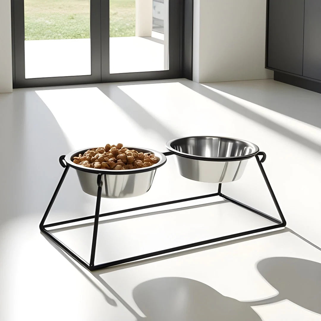 Dog Feeder Elevated Adjustable Height Stainless Steel Double Bowls