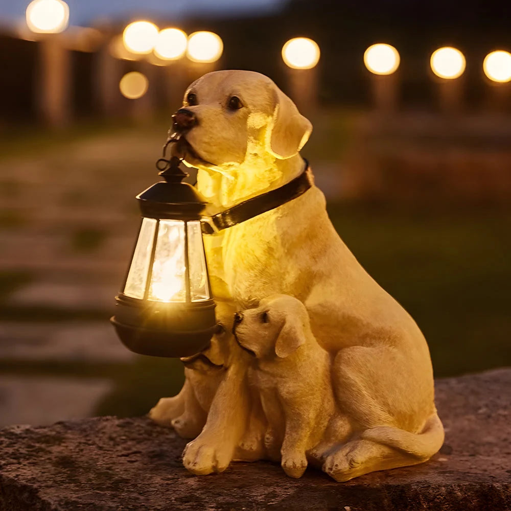 Dog Garden Statue Solar Lantern Weather-Resistant Resin Automatic LED Light