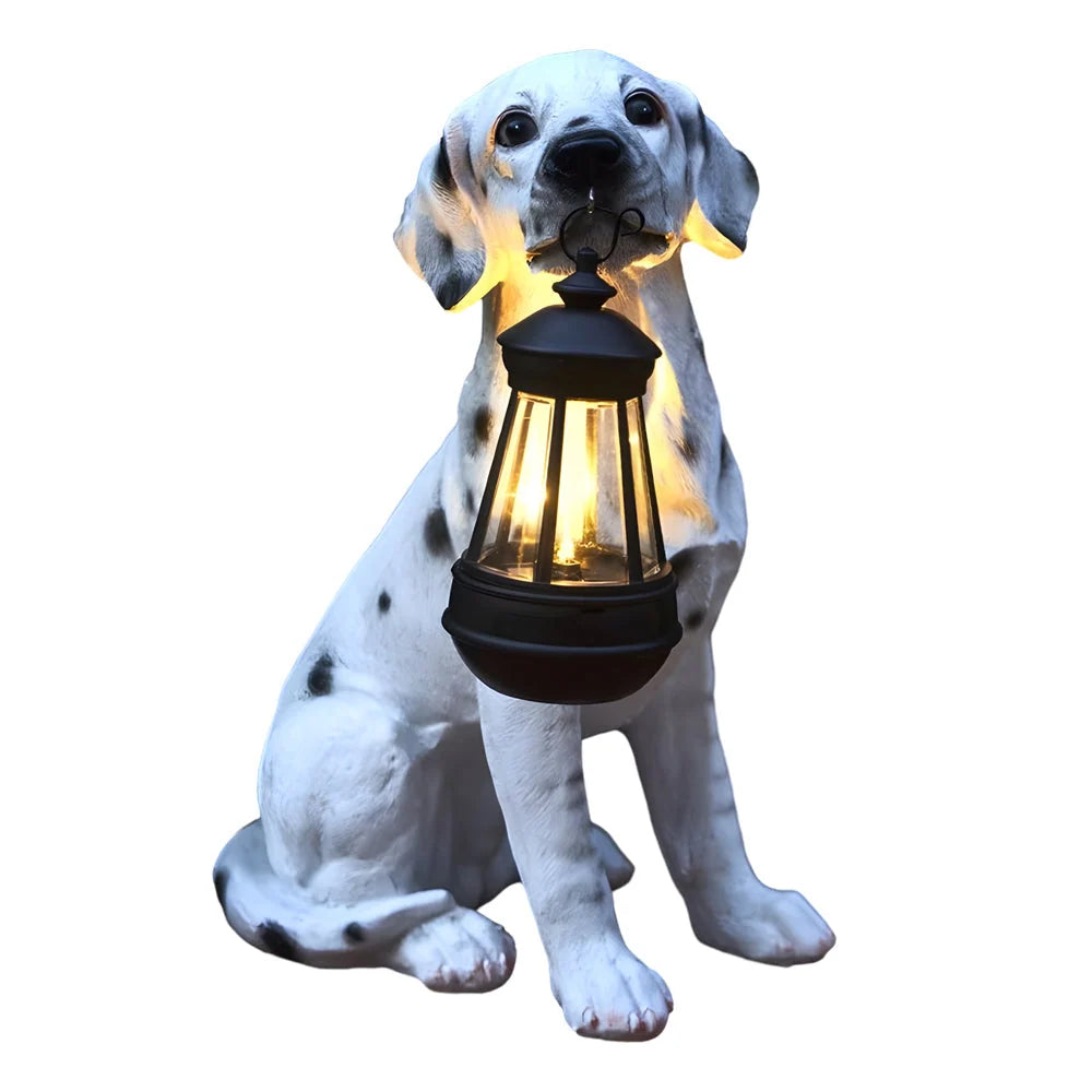Dog Garden Statue Solar Lantern Weather-Resistant Resin Automatic LED Light