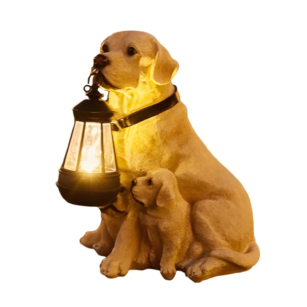 Dog Garden Statue Solar Lantern Weather-Resistant Resin Automatic LED Light