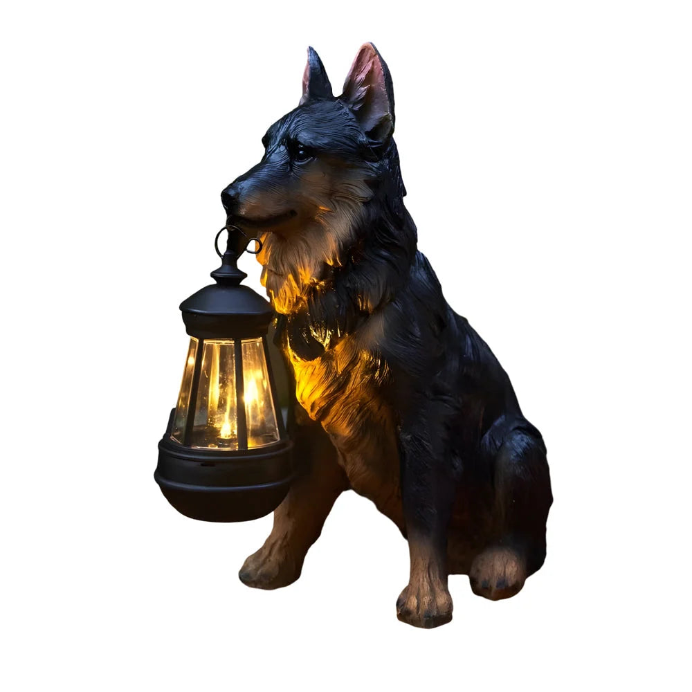 Dog Garden Statue Solar Lantern Weather-Resistant Resin Automatic LED Light