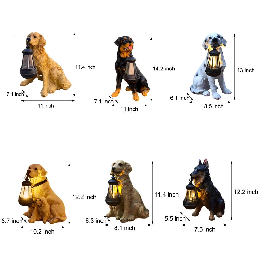Dog Garden Statue Solar Lantern Weather-Resistant Resin Automatic LED Light