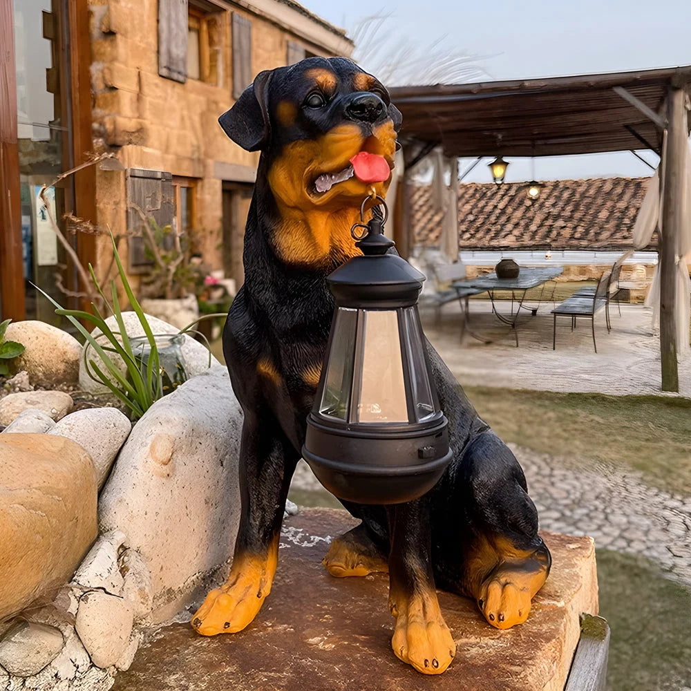 Dog Garden Statue Solar Lantern Weather-Resistant Resin Automatic LED Light