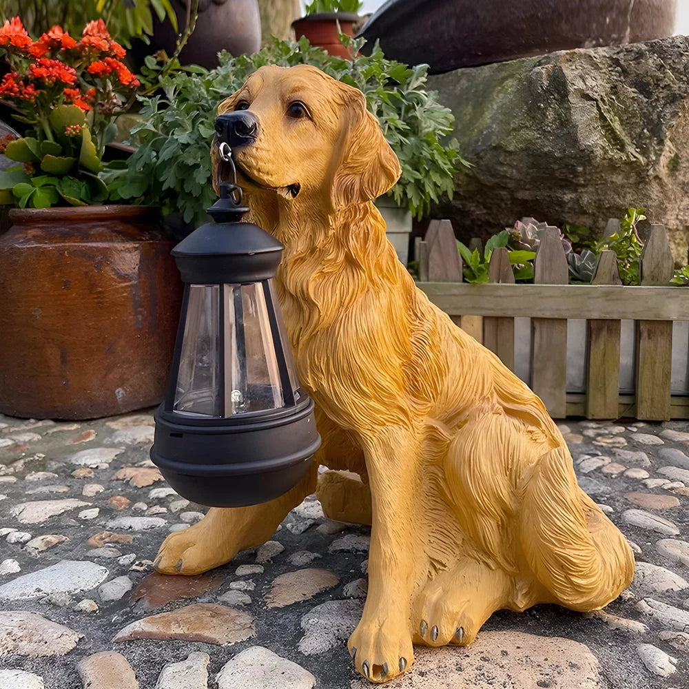 Dog Garden Statue Solar Lantern Weather-Resistant Resin Automatic LED Light
