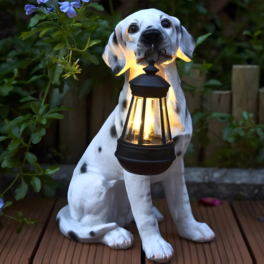 Dog Garden Statue Solar Lantern Weather-Resistant Resin Automatic LED Light