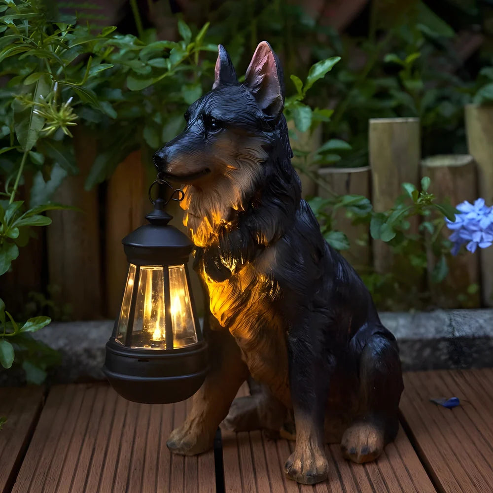 Dog Garden Statue Solar Lantern Weather-Resistant Resin Automatic LED Light