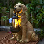 Dog Garden Statue Solar Lantern Weather-Resistant Resin Automatic LED Light
