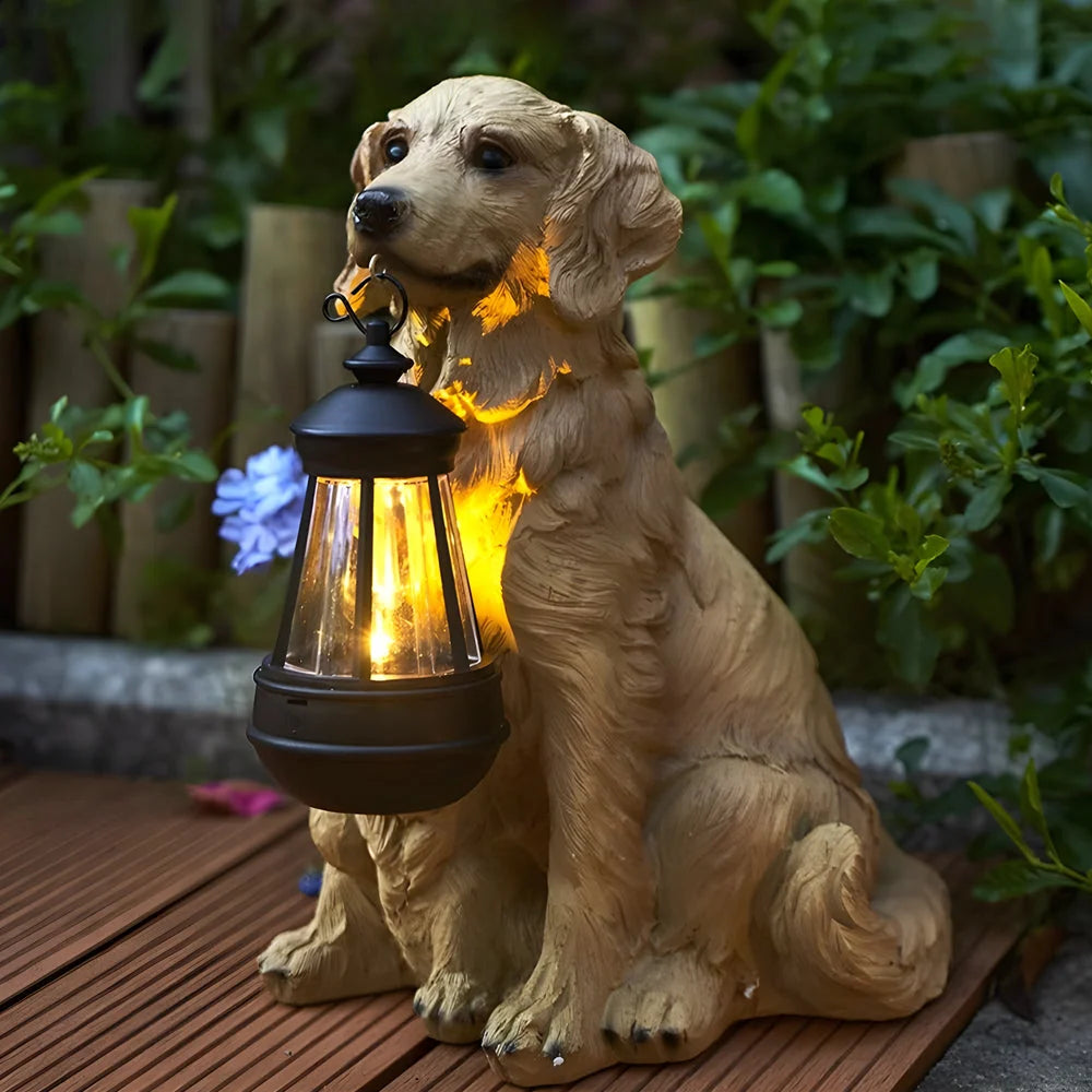 Dog Garden Statue Solar Lantern Weather-Resistant Resin Automatic LED Light