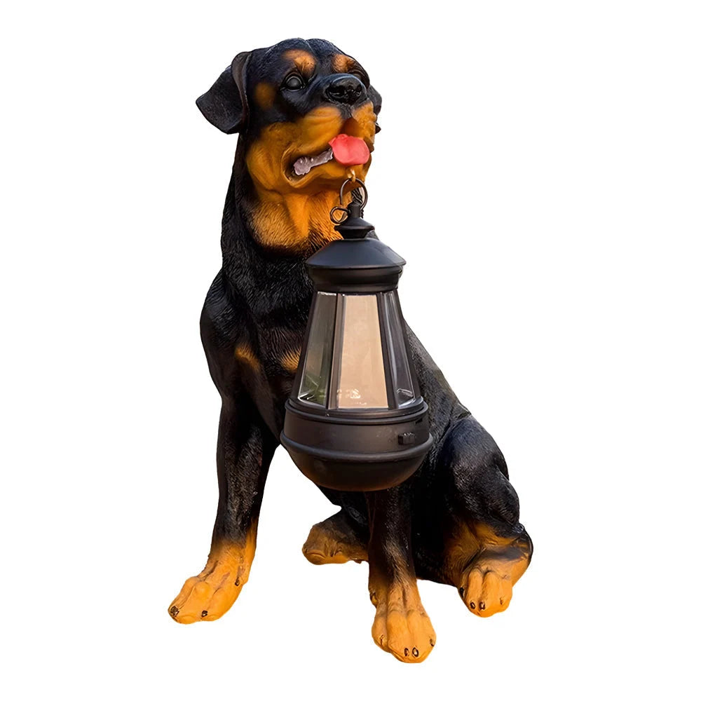 Dog Garden Statue Solar Lantern Weather-Resistant Resin Automatic LED Light