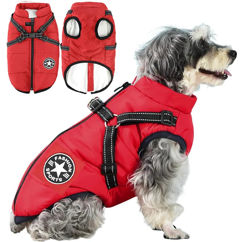 Dog Winter Coat Waterproof Windproof Fleece-Lined Built-In Harness