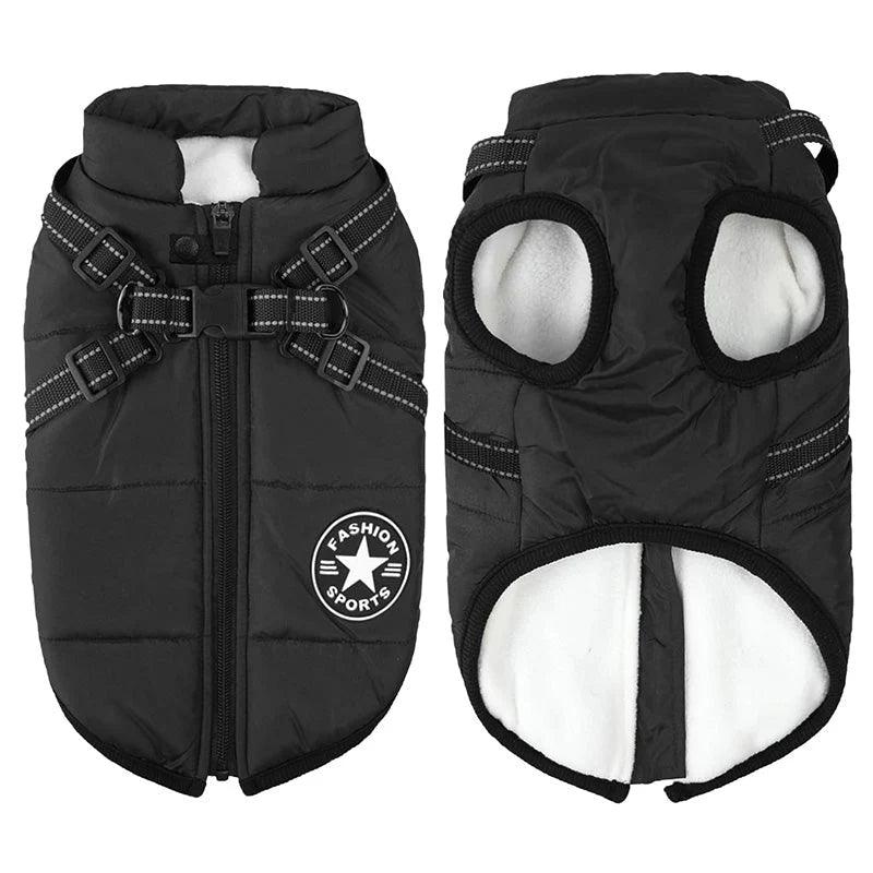 Dog Winter Coat Waterproof Windproof Fleece-Lined Built-In Harness