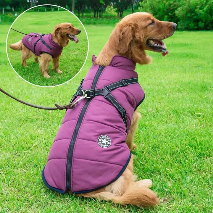 Dog Winter Coat Waterproof Windproof Fleece-Lined Built-In Harness