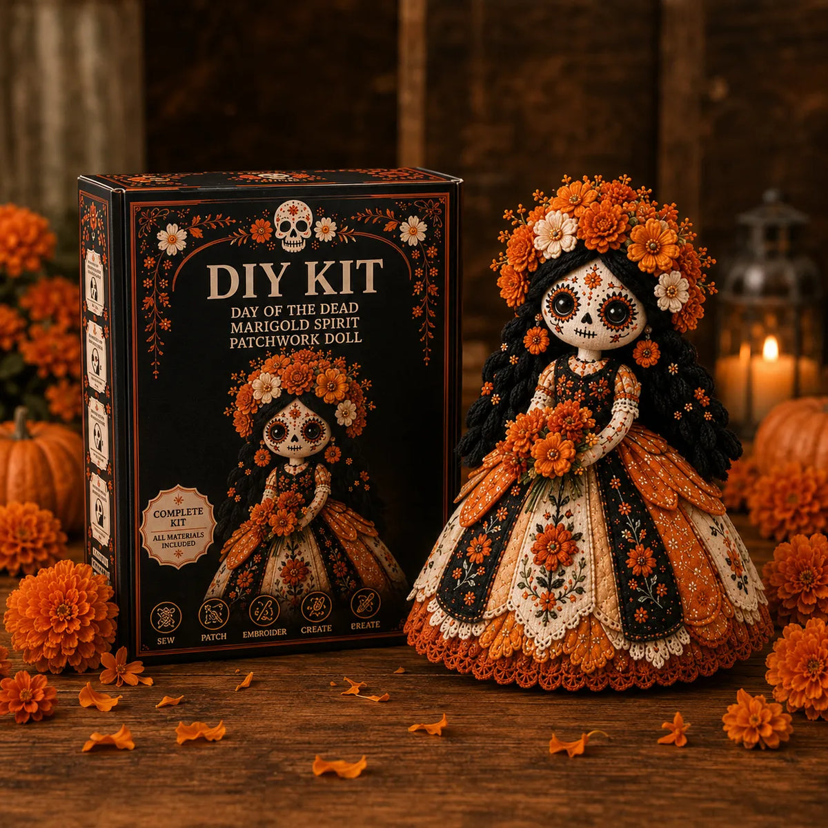 Doll Sewing Kit Day of the Dead Patchwork Design
