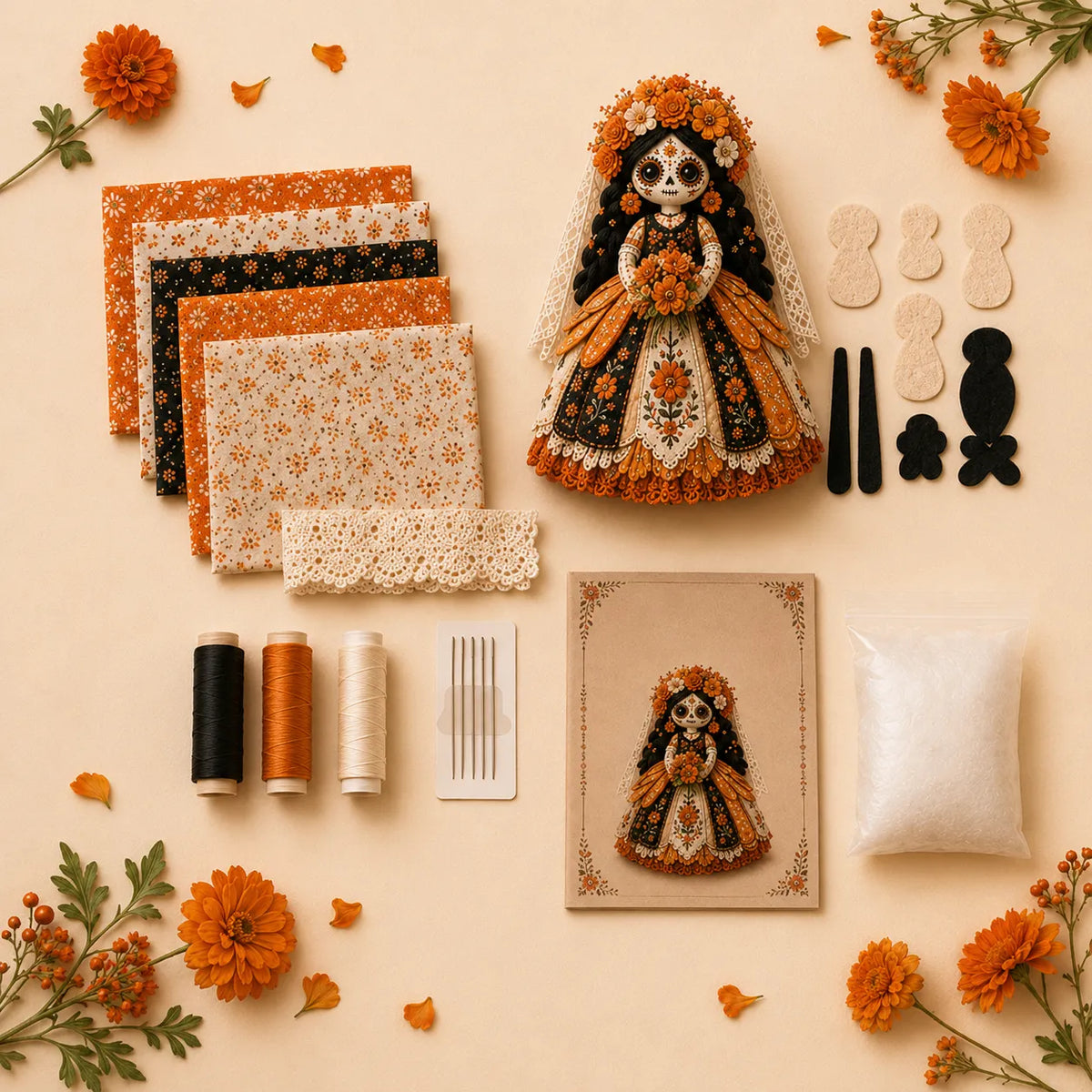 Doll Sewing Kit Day of the Dead Patchwork Design