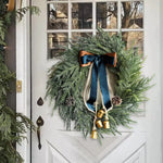 Door Wreath Faux Evergreen 18 Inch Ribbon & Bells