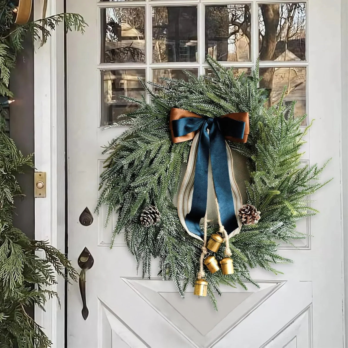 Door Wreath Faux Evergreen 18 Inch Ribbon & Bells