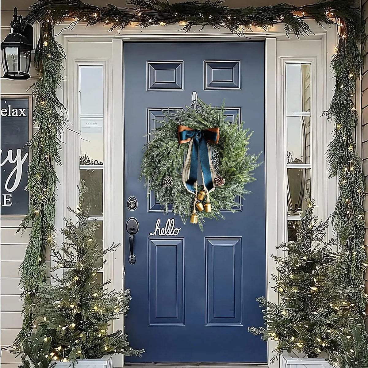 Door Wreath Faux Evergreen 18 Inch Ribbon & Bells